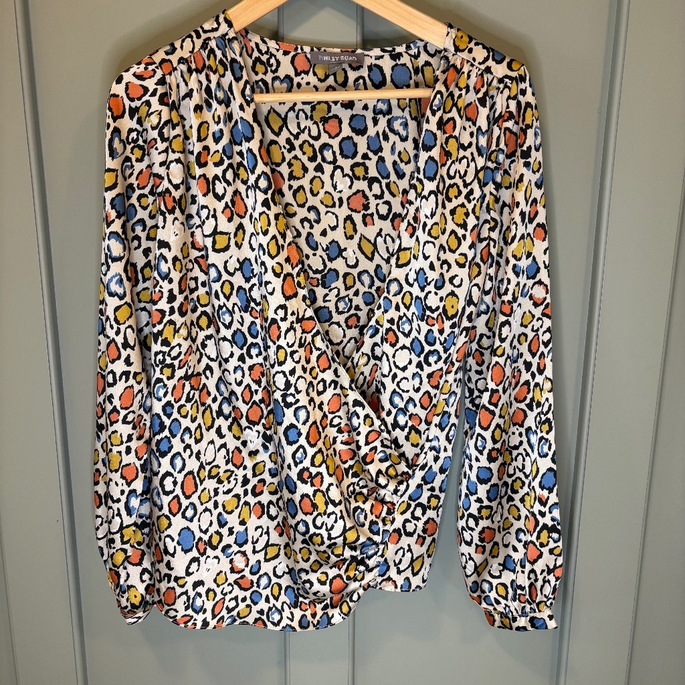 Tinley Road Women's Leopard Print Wrap Blouse Multicolor Long Sleeve Top Size S‎